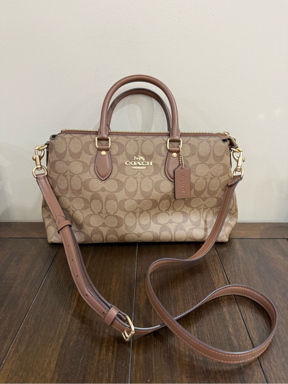 Coach Tan Signature Canvas Satchel with Leather Trim